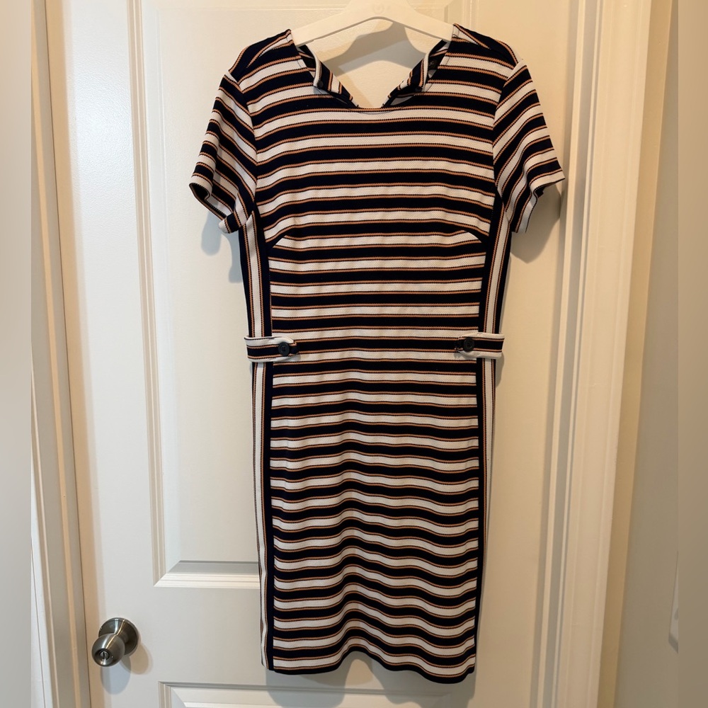 Striped Short-Sleeve Sheath Dress in Navy and White